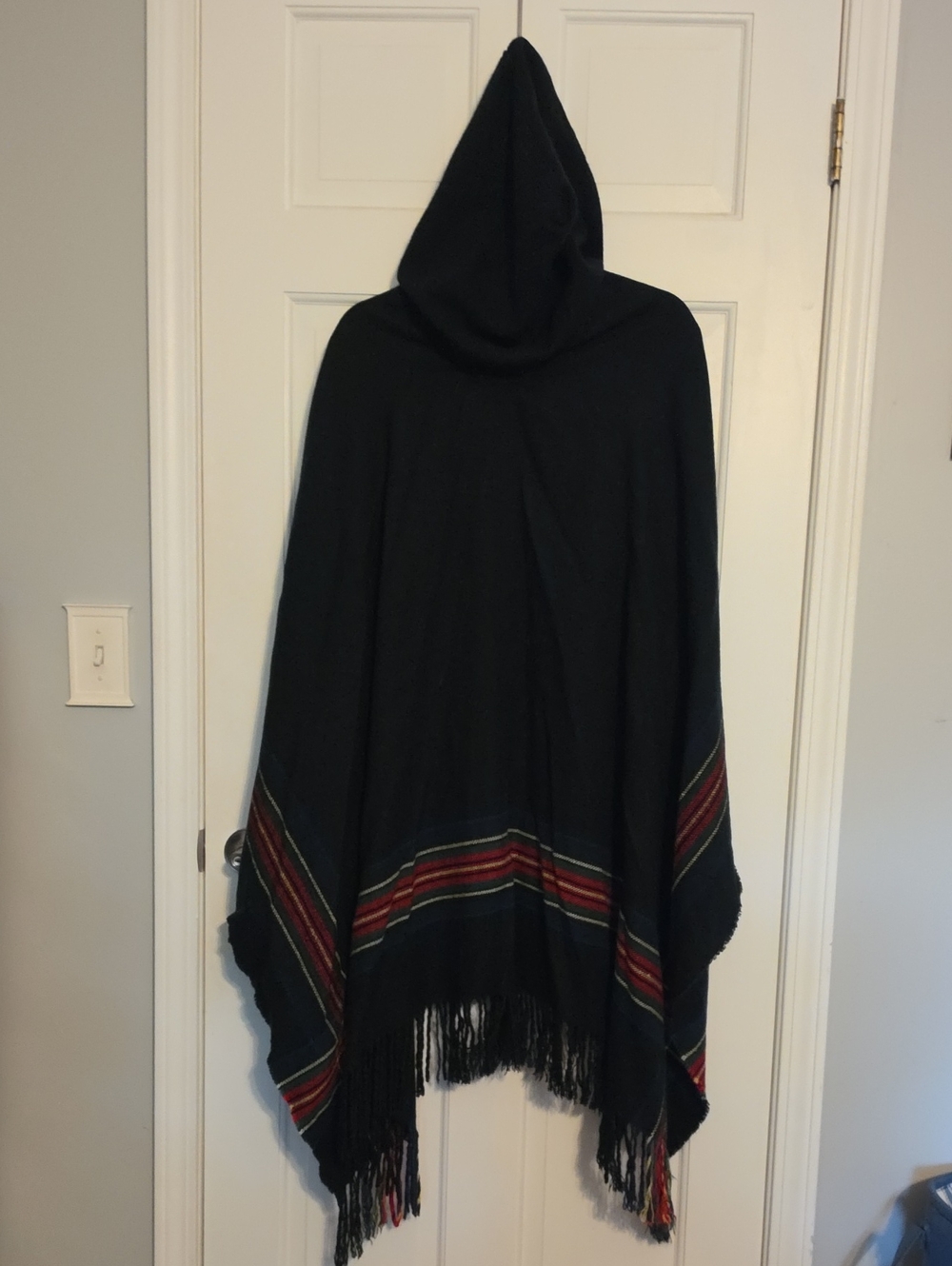 Amazon Black Hooded Cape with Red and Green Stripes